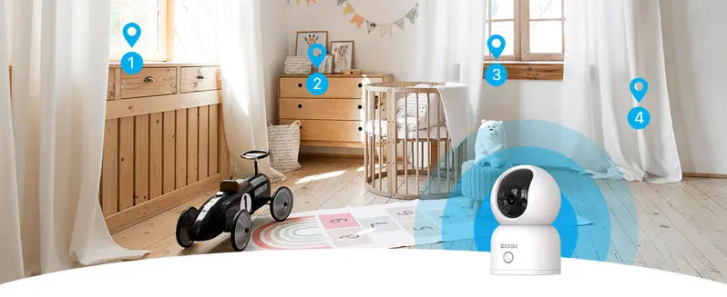 ZOSI C518 3MP 2K Indoor Pan-Tilt Smart Home Security Camera - Corded Power, Plug-and-Play, 2.4G/5G Dual-Band Wi-Fi, Phone App Control, Night Vision, Person Detection, 2-Way Audio, Cloud & Local Storage, 2-Year Guarantee