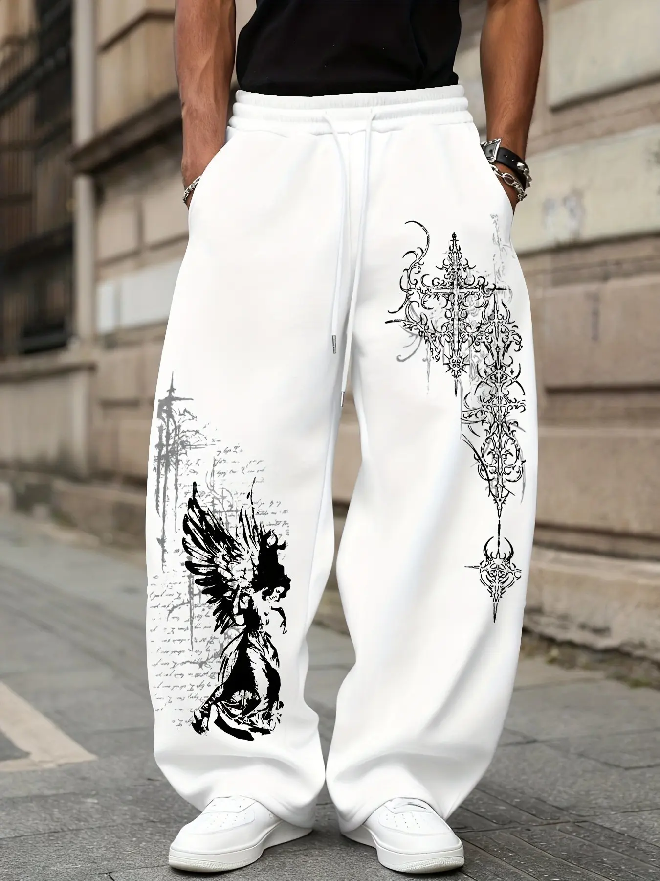 Oversized Gothic Sweatpants, Y2K Angel Wings and Cross Graphic Joggers for Men, Casual Streetwear Pants