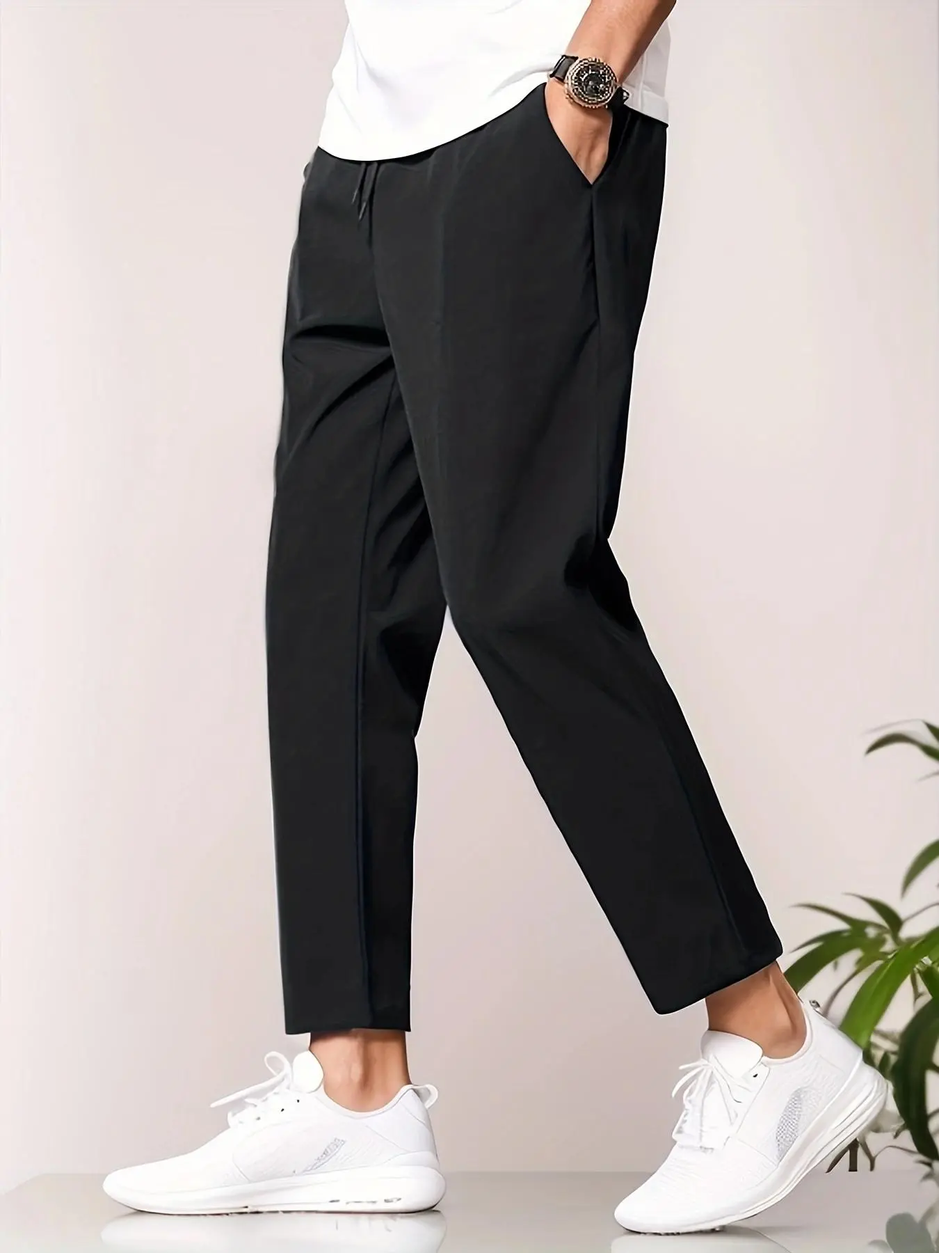 Men's Regular Fit Solid Pocket Drawstring Waist Straight Leg Pants, Casual Comfy Trousers For Daily Wear, Woven Bottoms For All Seasons, Commute Pants, Casual Loungewear Pants