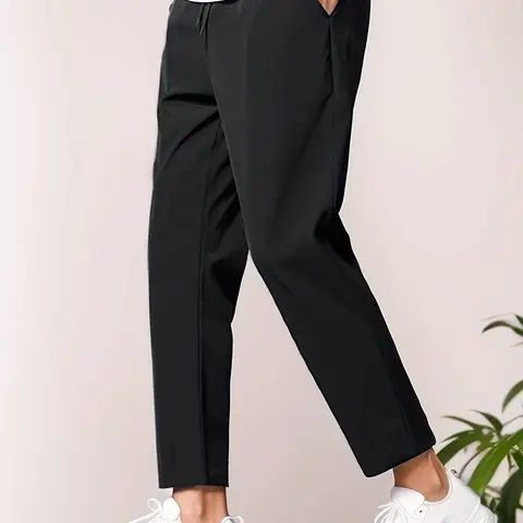 Men's Regular Fit Solid Pocket Drawstring Waist Straight Leg Pants, Casual Comfy Basic Drawstring Trousers For Daily Wear, Woven Bottoms For All Seasons, Commute Pants, Casual Loungewear Pants