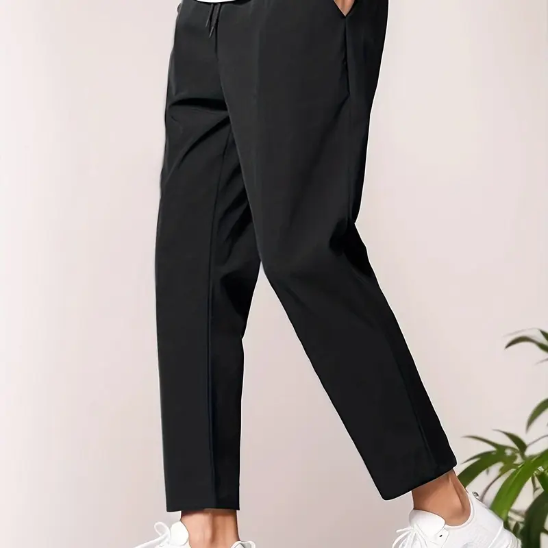 Men's Regular Fit Solid Pocket Drawstring Waist Straight Leg Pants, Casual Comfy Basic Drawstring Trousers For Daily Wear, Woven Bottoms For All Seasons, Commute Pants, Casual Loungewear Pants