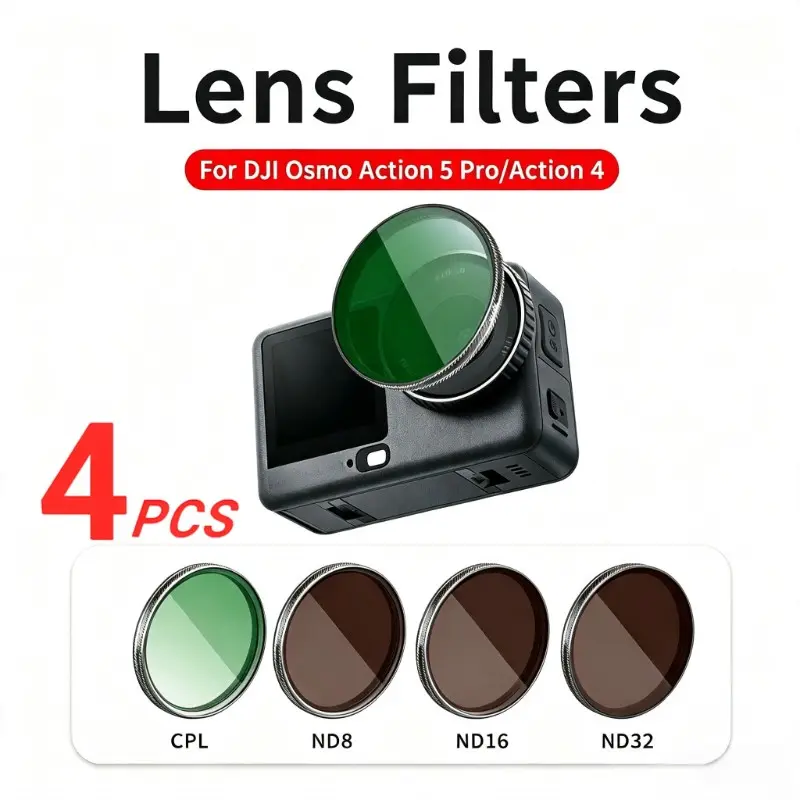 Filter Set for Dji Action 5 Pro/4, 4-Piece Nd8 Nd16 Nd32+cpl, Aluminum Frame/optical Glass, Outdoor Sports, Travel, Campus Photography