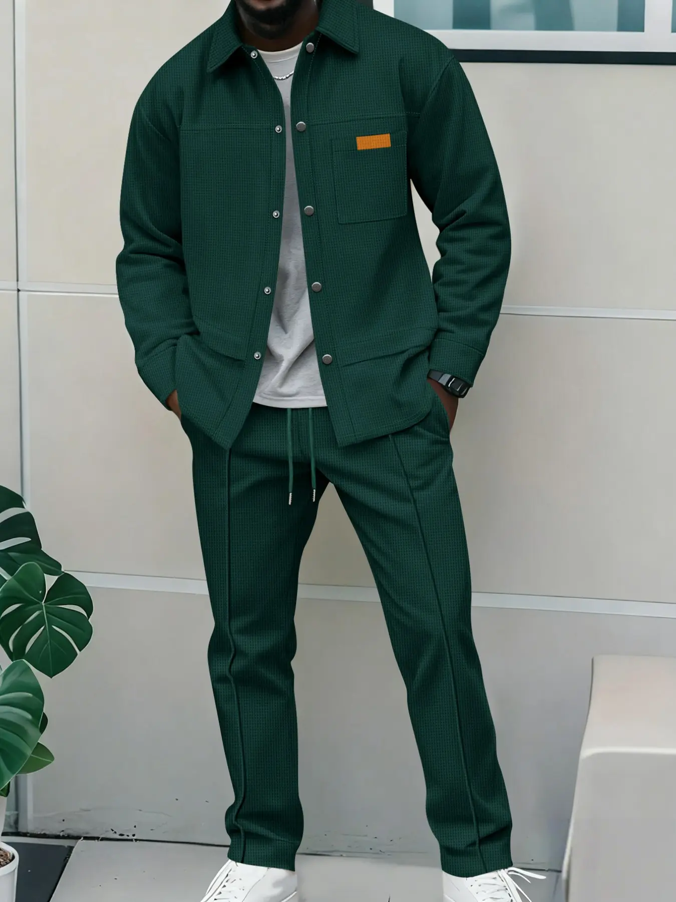 Men's Two-Piece Casual Set, Lapel Button-Down Long Sleeve Jacket with Pockets + Drawstring Straight Leg Pants, Business Ensemble