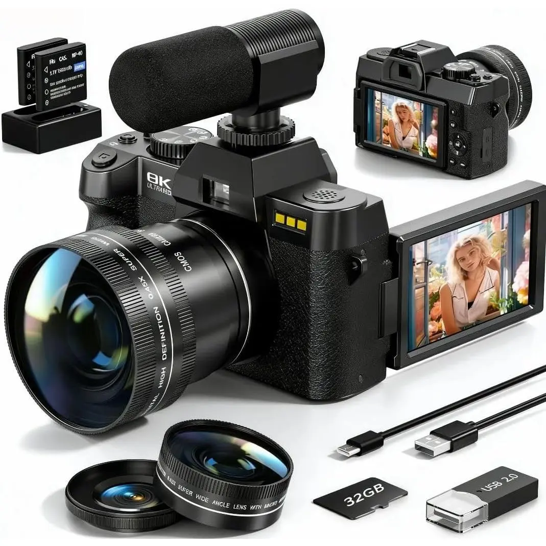 8K Digital Cameras for Photography,64MP vlogging Camera with 180?Flip Screen,16X Zoom,2 &32GB TF Card, WiFi,Microphone, Wide & Macro Lens Kit (Black)