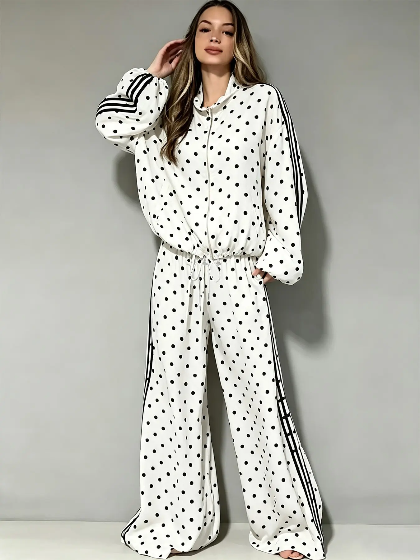 Autumn Polka Dot Two-Piece Tracksuit, Loose Casual Athleisure, Athleisure Tracksuit, Cropped zip-up jacket and high-waisted wide-leg pants, featuring classic side stripes and smooth fabric, for everyday hangouts, casual street looks