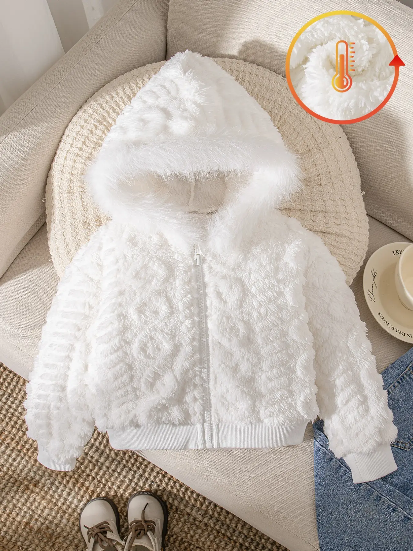 Girls' Fuzzy Hooded Jacket, Zippy Jacket, Coral Fleece Zip-Up Sweater, Warm Knit Top for Fall Winter, Kids' Windproof Cozy Coat for School Home Wear