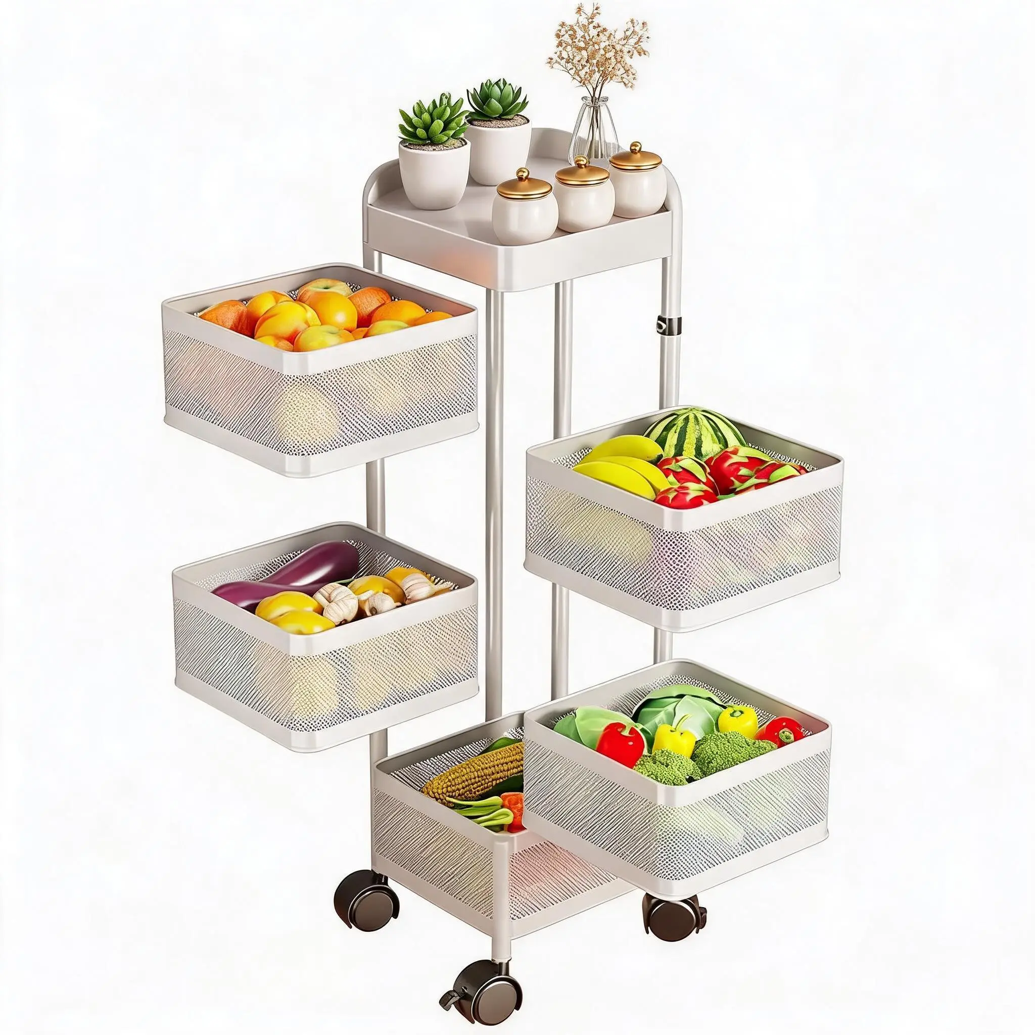 Compact 3-Tier Carbon Steel Kitchen Storage Cart – Mobile Organizer Rack with Wheels, Multi-Functional Metal Shelf for Fruits & Vegetables, Easy Assembly, White, 3 Layers, 100233