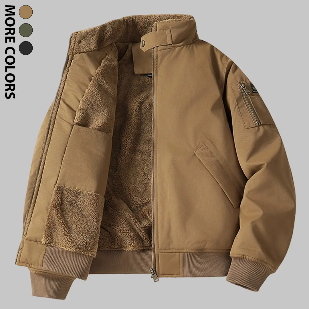 Men's Fleece-Lined Bomber Jacket - Polyester Flight Cargo Coat with Pockets, Stand Collar, Thermal Warmth, Winter Fall Outdoor Streetwear, Classic Stylish Durable Urban Apparel