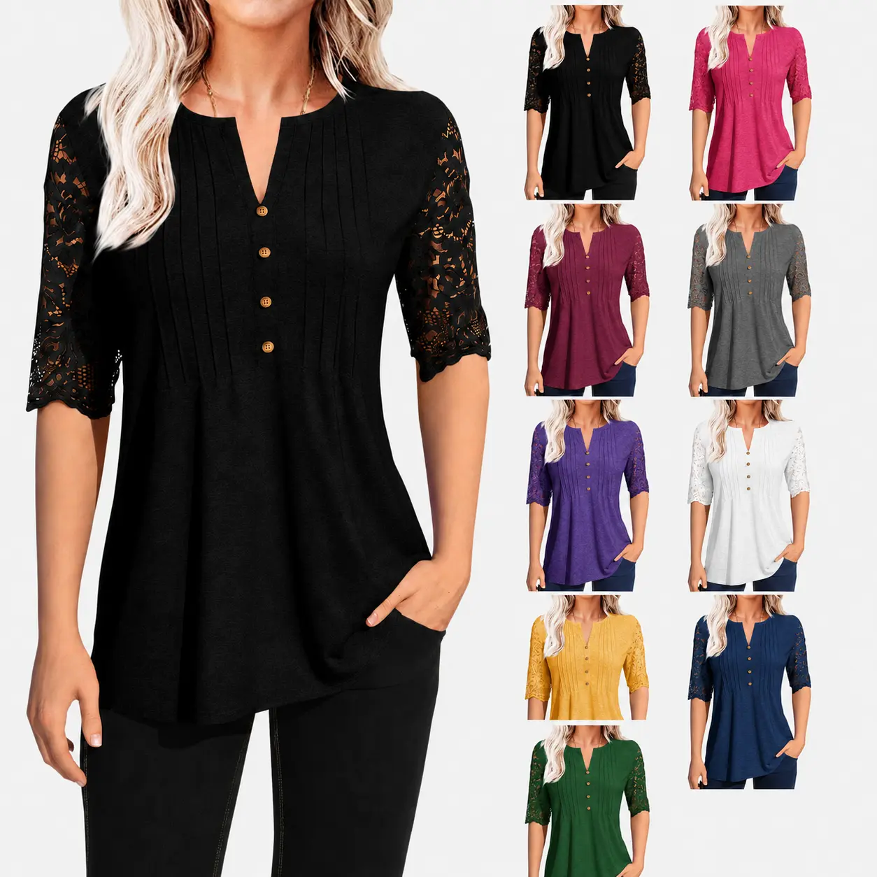 Imily Bela Women's Lace Half Sleeve V Neck Blouses Button Down Pleated Tunic Tops Casual Loose Flowy Shirts for Leggings