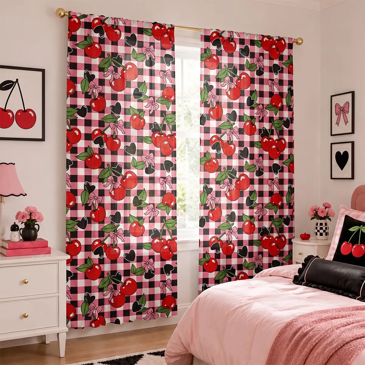 2pcs Pink and black checkered cherry bow curtains, retro sweet and cool heart pattern semi-blackout fabric curtains, pocket rod installation, made of polyester, suitable for bedrooms, kitchens, studies, etc.