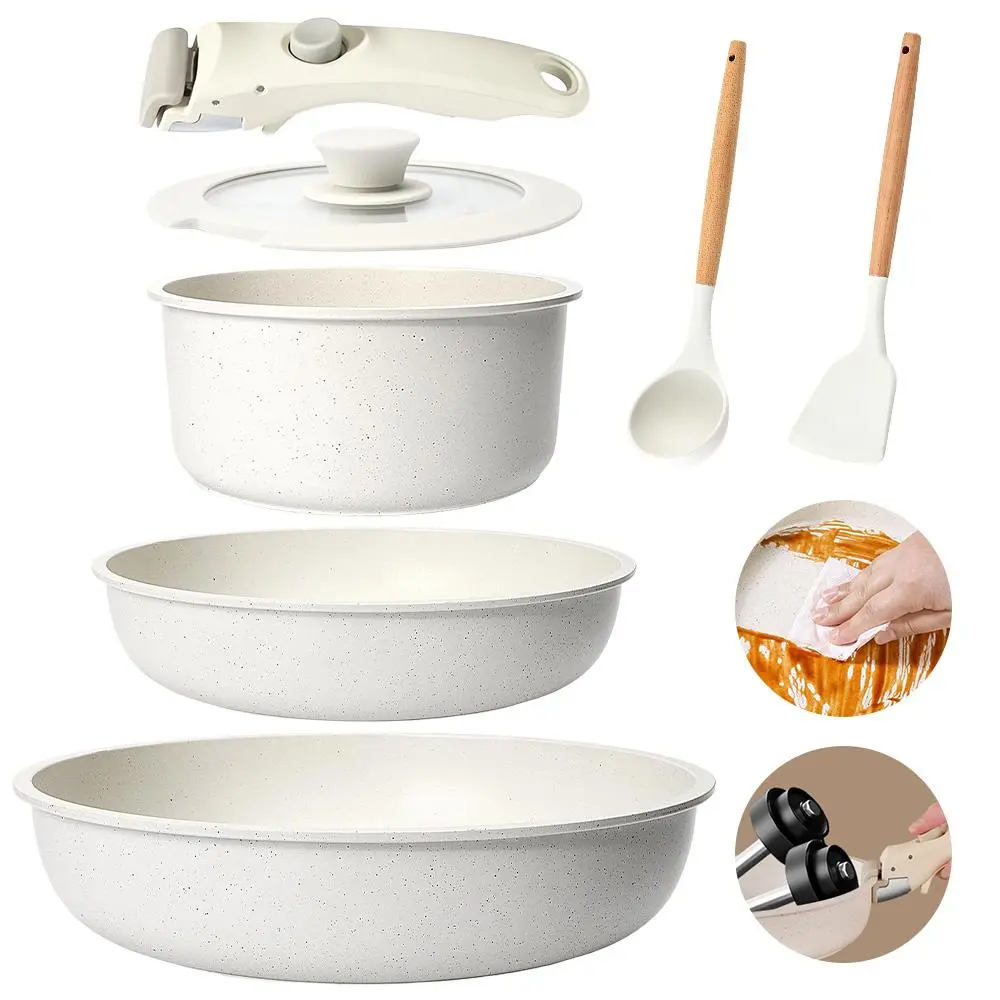 Detachable Handle Non-Stick Cookware Set with Lids - PFAS-Free Ceramic Coating, Off-White, 1-Second Lock Handle, Stackable Space-Saving, Induction Compatible, Oven-Safe, Silicone Utensils Included (Back-to-School Steel Pans Kit)