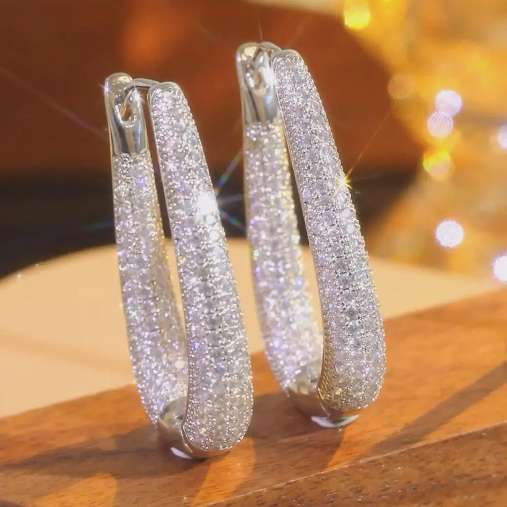 Women's Large Statement Ear Hoop Set - Silver-Plated, Full Pave Cubic Zirconia, Hypoallergenic Trendy Fashionable Jewelry Accessories for Bridal-Party Wear, Hoops Shape Earrings