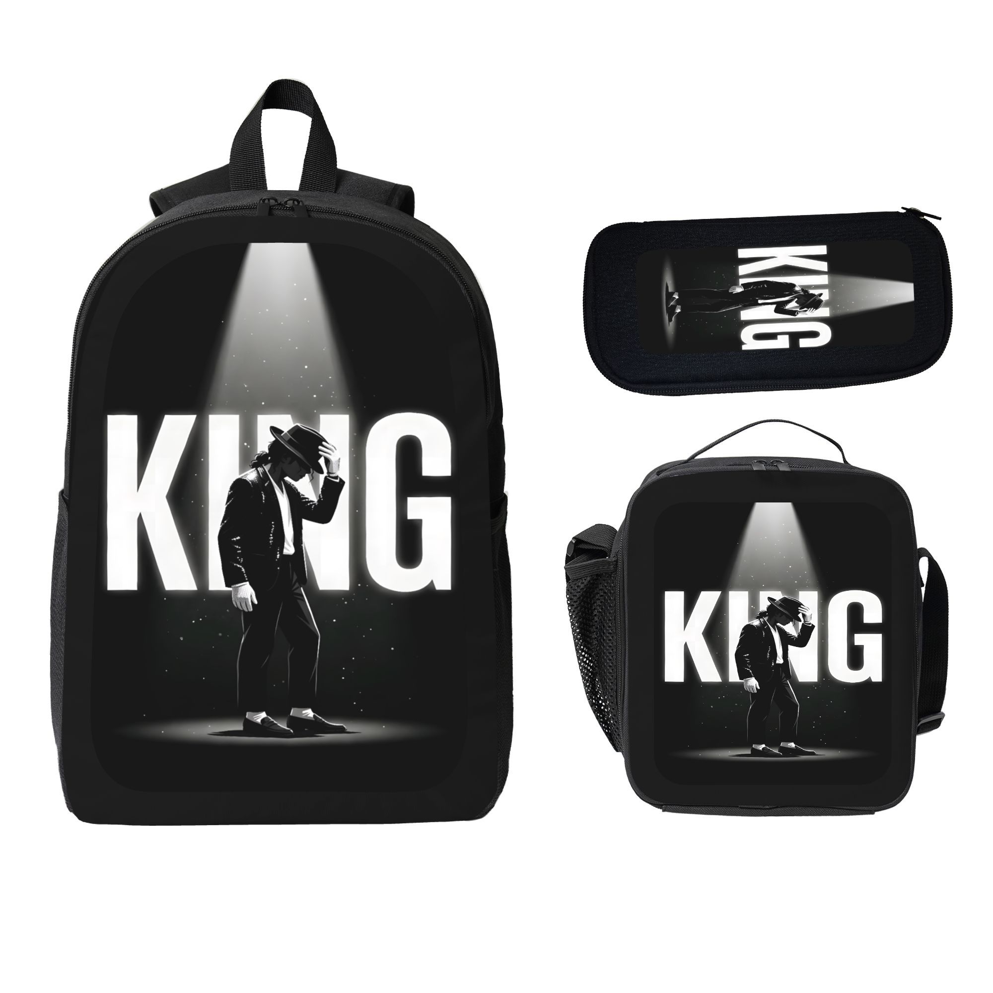 3-Piece Backpack Set, Michael Jackson Themed School Bookbag for Teen Music Fans with Lunch Bag & Pencil Case, Casual Travel Daypack