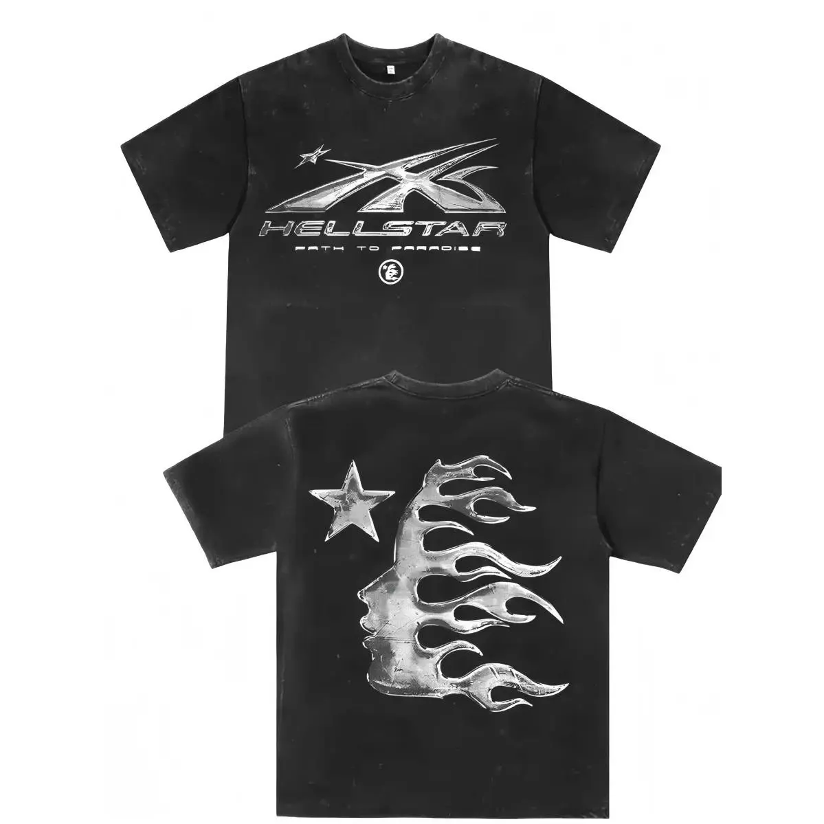 Men's Printed Pattern Washed T-Shirt - Casual Loose Summer T-Shirt With Star And Flame Design, 100% Pure Cotton Round Neck Shirt, Breathable T-Shirt |   Avant-Garde Casual Wear |   100% Pure Cotton Printed T-Shirt Menswear Tops