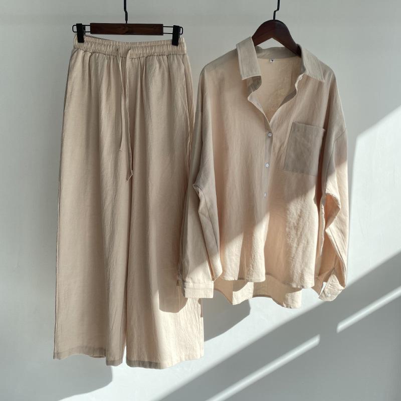 Ms. Xun's 2-piece Retro Plus Size 2026 Cotton Linen Shirt Set with High-waisted Loose Trousers