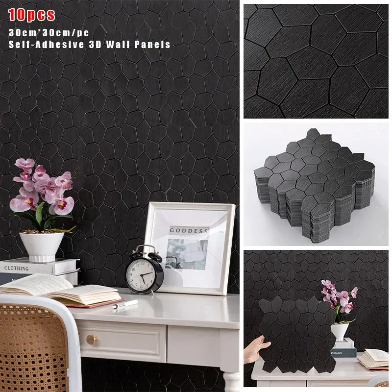10-Piece Set: 3D Embossed Hexagonal Geometric Wallpaper — Self-Adhesive, Thickened, Waterproof, Heat-Resistant, and Cuttable. Ideal for Kitchen Wall Decor; Features a Hexagonal Design and 3D Mosaic Wall Sticker Effect.