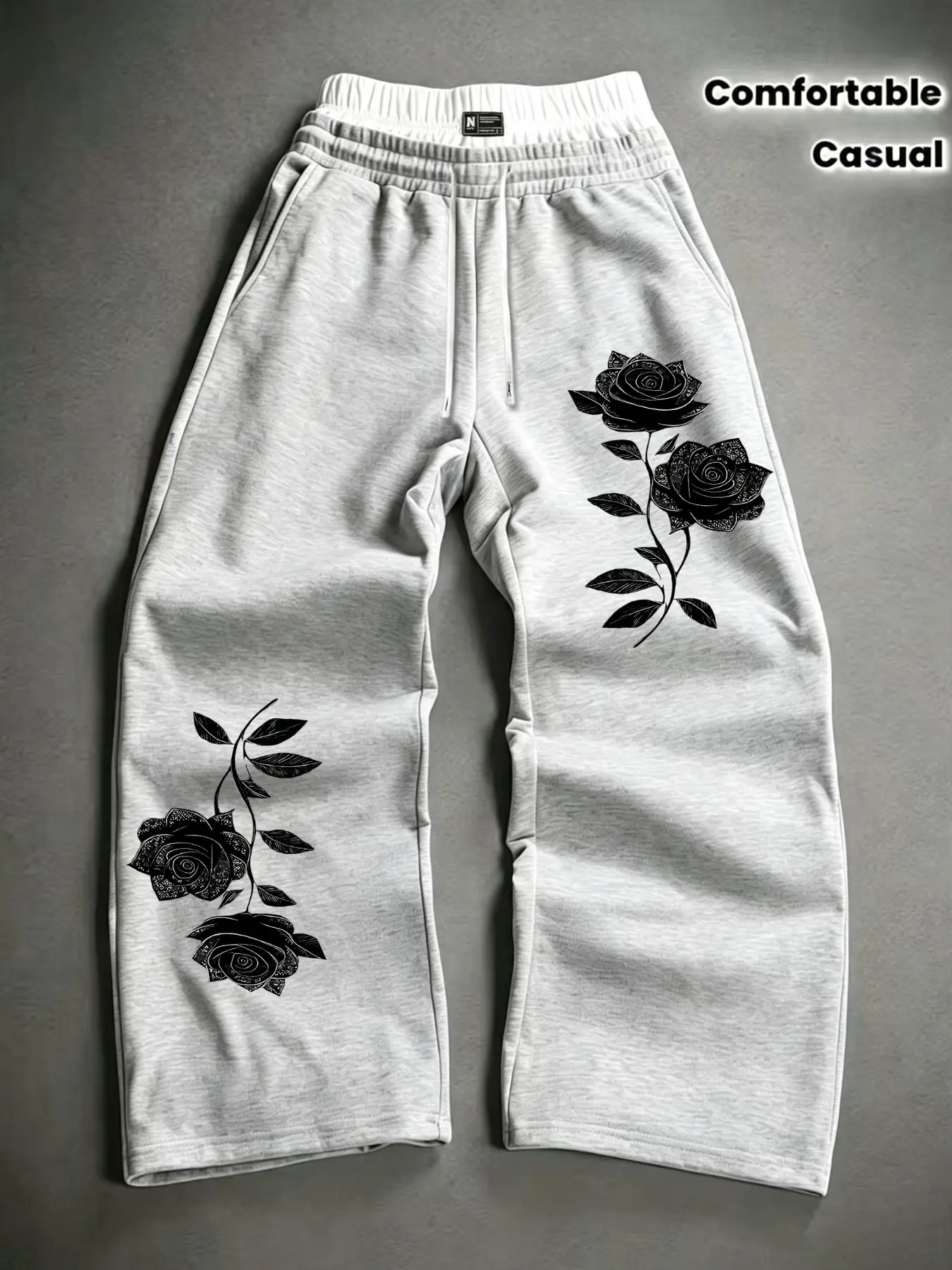 Men's Dark Rose Print Drawstring Waist Sports Pants, Casual Comfortable Jogging Pants, Classic Versatile Athletic Sweatpants
