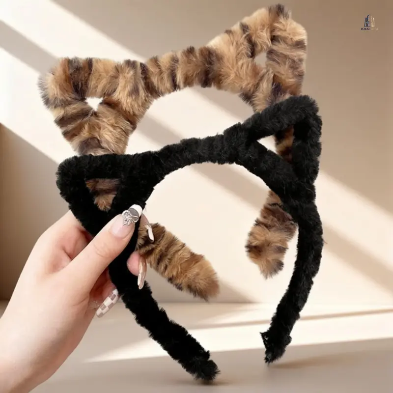2Pcs Plush Leopard Cat Ear Headbands, Fluffy Cute Fashion Hair Hoops, Soft Elastic Hair Accessories for Women Girls, Ideal for Skincare Makeup Daily Party Wear