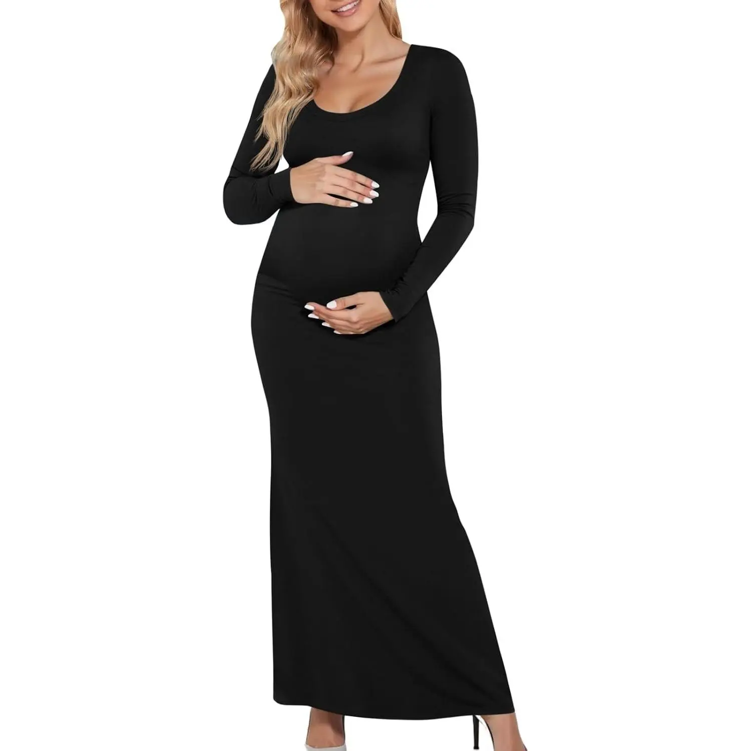 Womens Maternity Maxi Dress Long Sleeve Slim Fit Pregnancy Clothes | Scoop Neck, Split, Baby Shower, Photoshoot, Fall Winter