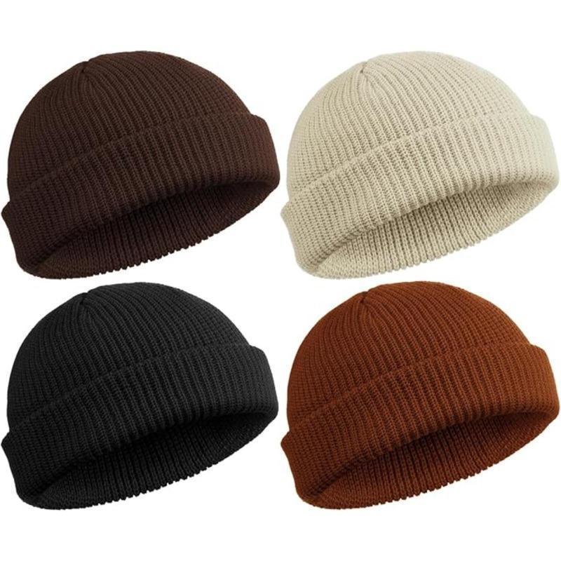 Large Size 2 or 4 Piece Fisherman Beanie for Men Hat Short Knit Cuff Beaniess Trawler Beanie Watch Hat Roll up Edge Skullcap Unisex