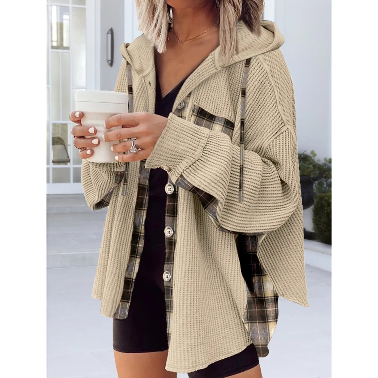 Women's Waffle Knit Hooded Shacket, Plaid Patchwork Button Down Long Sleeve Oversized Shirt Jacket with Chest Pockets