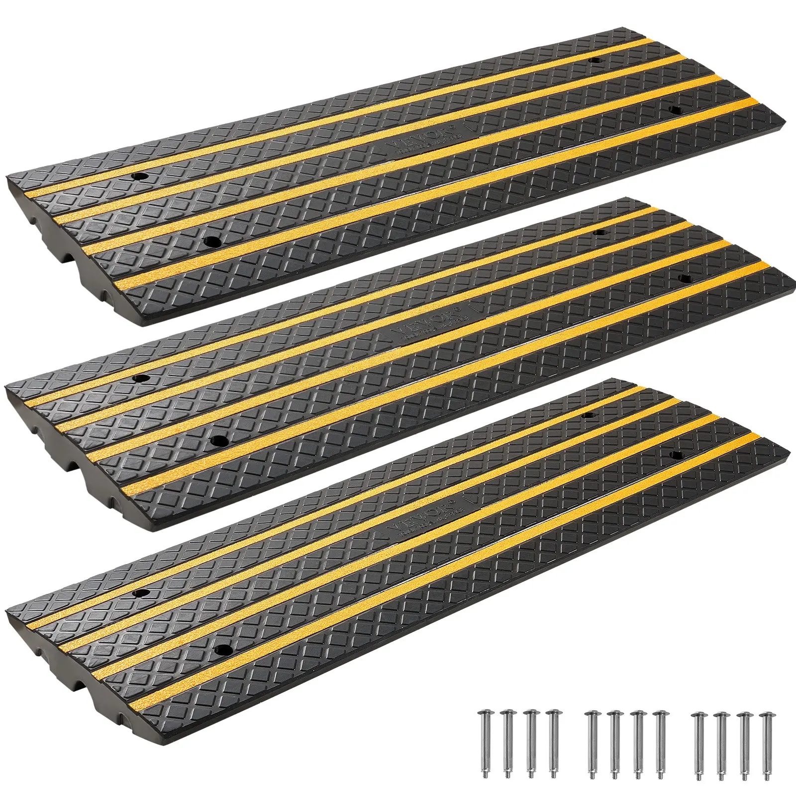 【DealsForYouDays】VEVOR Car Driveway Rubber Curb Ramp, 33069 lbs Load Capacity, 2.6 inch Rise Curbside Bridge Ramp with Yellow Reflective Strips, Suitable for Loading Dock, Warehouse, Garage, Sidewalk (3 Pack)