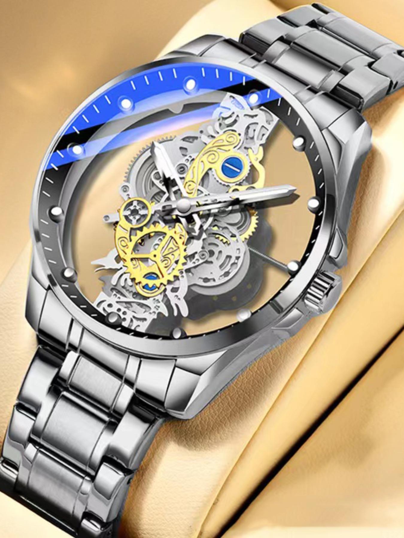 Men's Fashion Sporty Watch, Hollow out Design Round Dial Clasp Analog Quartz Watch, Elegant Business Wristwatch for Daily or Formal Occasions As Gift, with Box