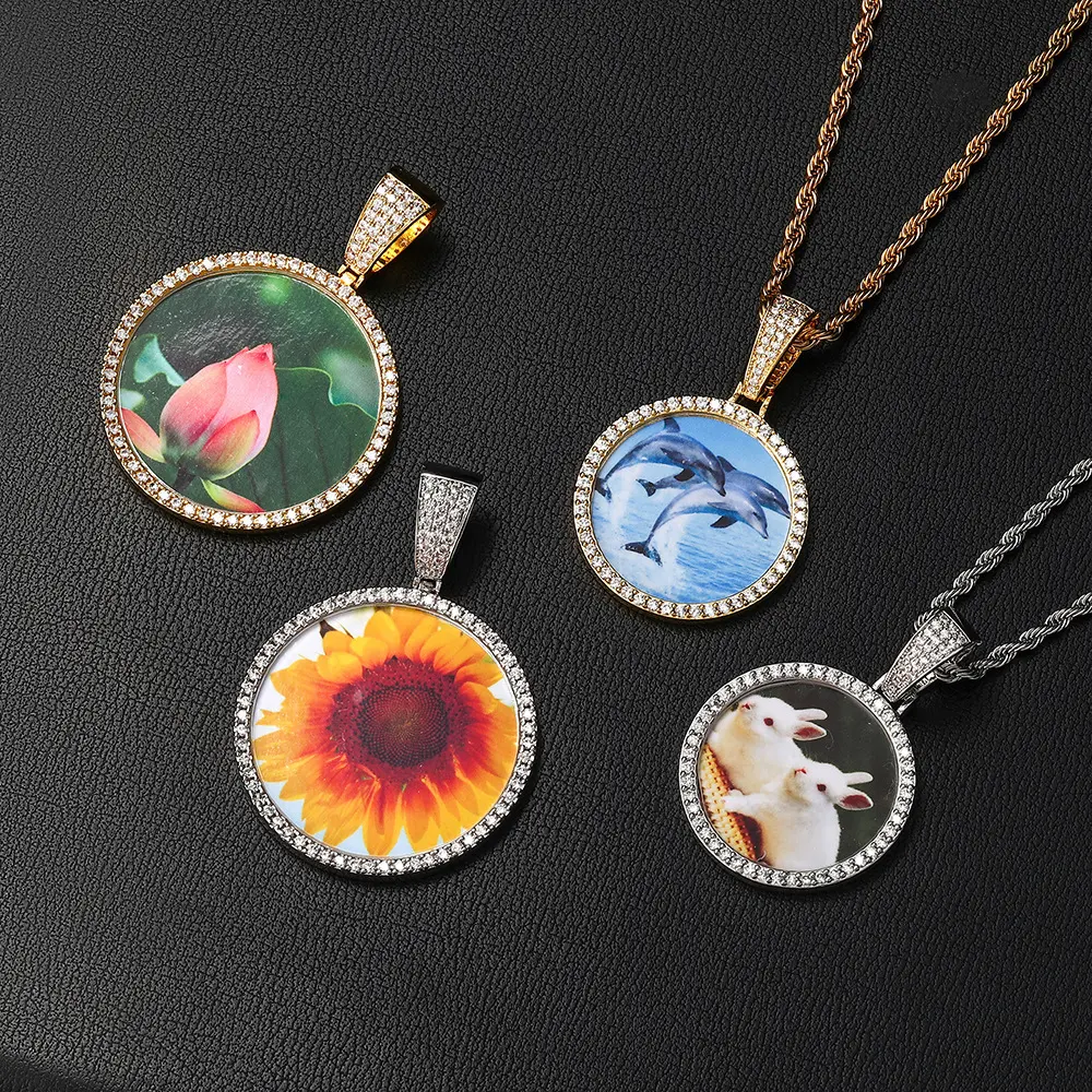 Unisex Iced Out Round Photo Locket Necklace, AAA Zirconia Paved Memory Pendant, Gold & Platinum Plated Fashion Jewelry, Copper Base, Hip-Hop Look, Bling Necklace, Custom Necklaces
