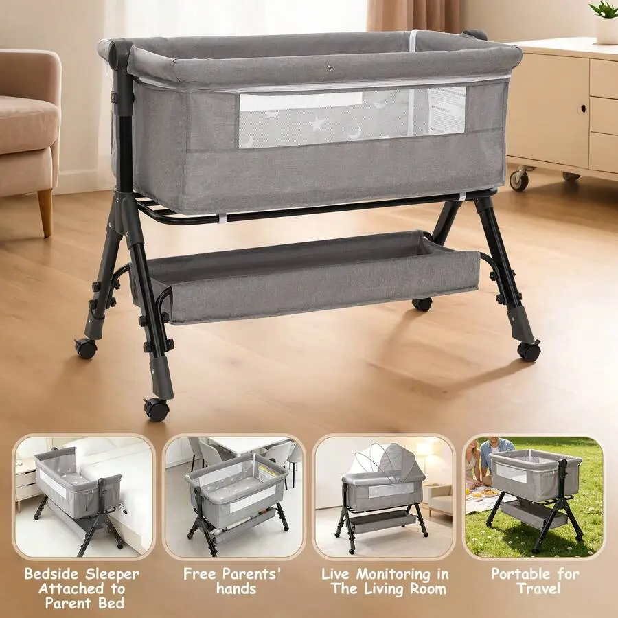 Gray 3-in-1 Baby Bassinet Bedside Sleeper - Portable Foldable Infant Co-Sleeper with 6 Adjustable Heights, Storage Basket for Newborns