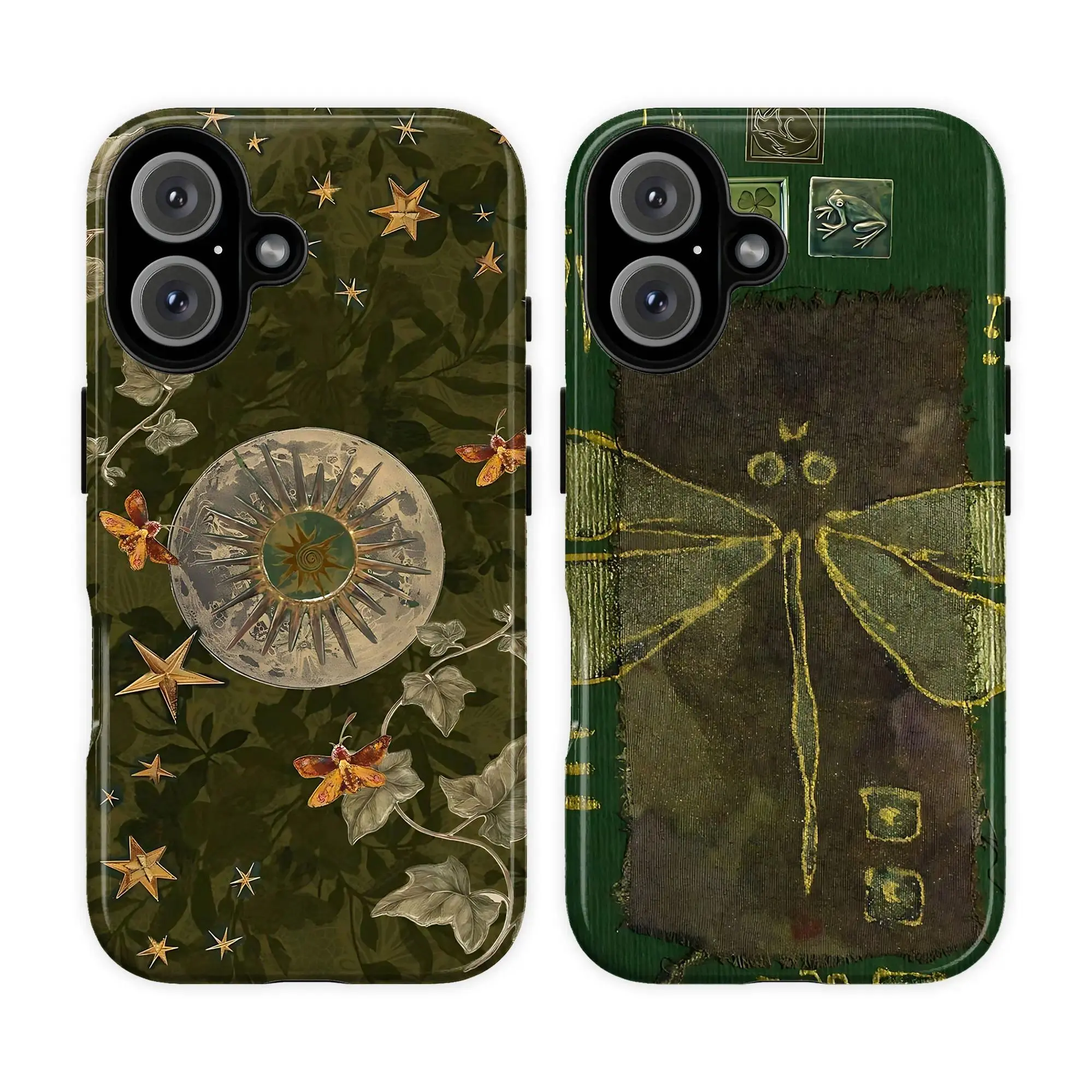 Vintage Whimsigoth Dragonfly Durable Polycarbonate Phone Case - Retro Dark Green Forest Shell with Shock-Resistance, Compatible with iPhone 11-17 Pro Max/Plus, Samsung Galaxy S23-25