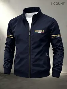 Men's Mexico Pattern Print Stand Collar Long Sleeve Sport Jacket, Durable Casual Zipper Outerwear, Business Style Outdoor Coat, Perfect Gift