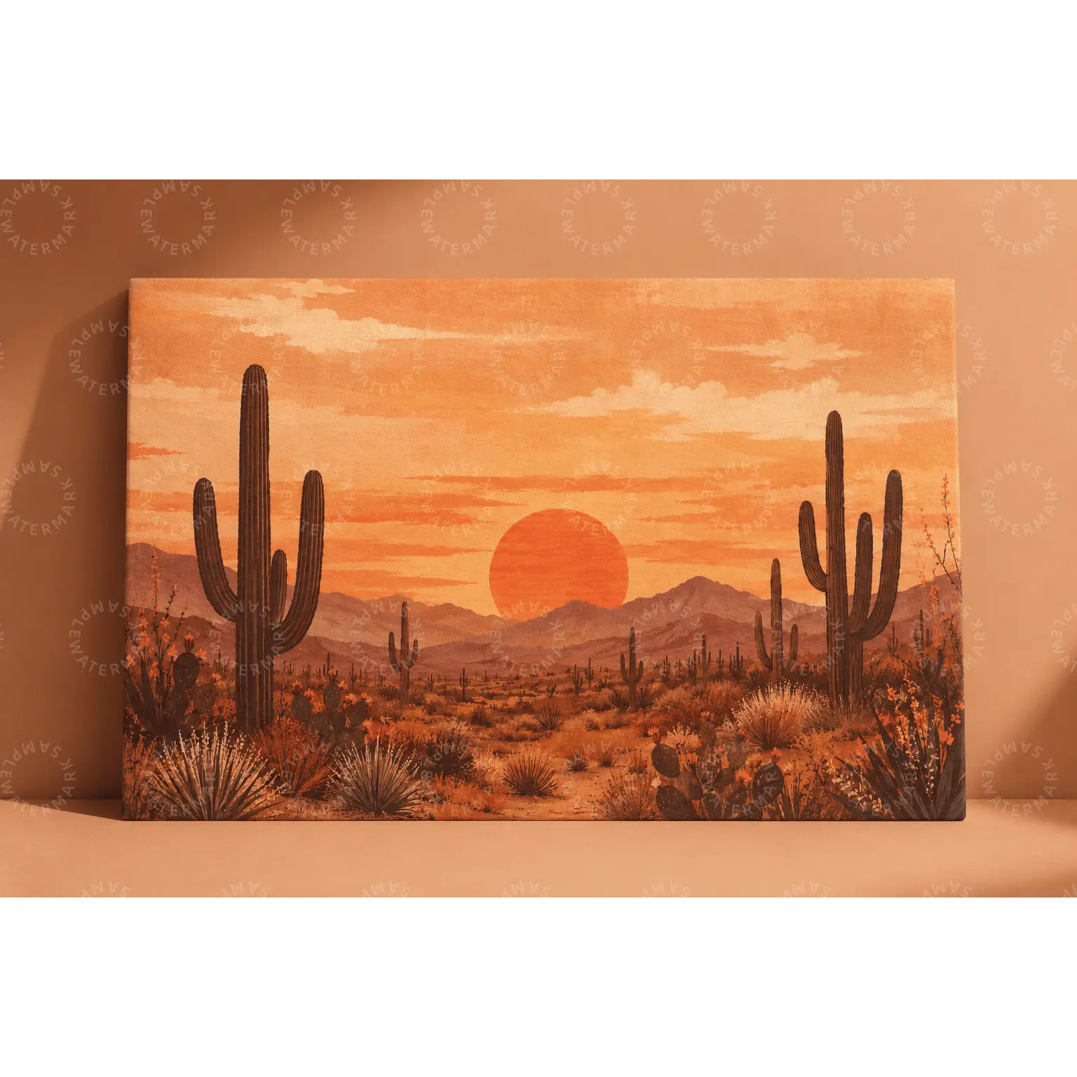 Desert Sunset Cactus Canvas Wall Art, Southwestern Landscape Poster, Warm Orange Boho Aesthetic Print, Bedroom Living Room Office Wall Decor Gift