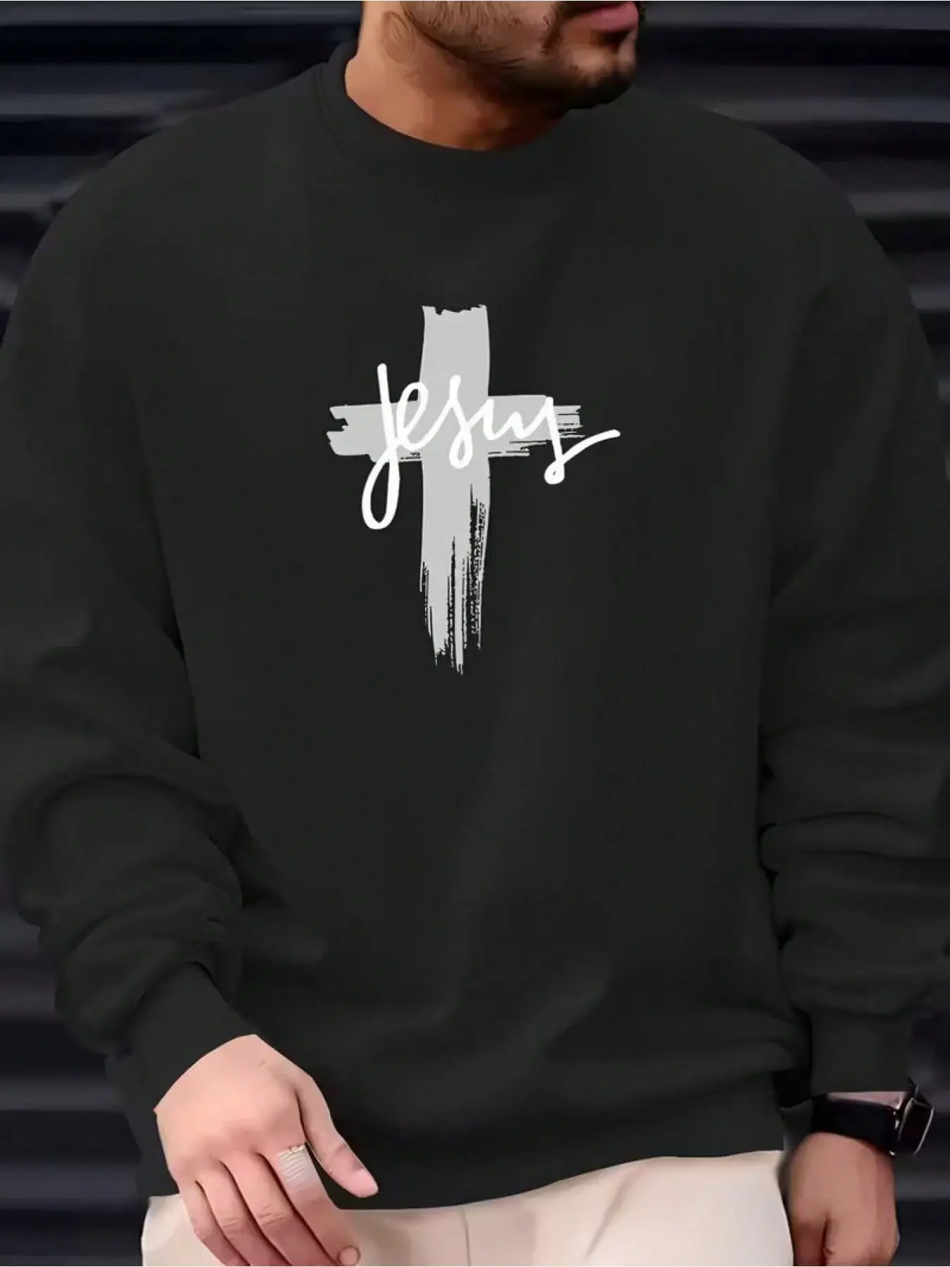 Men's Casual Round Neck Letter Jesus Cross Sweatshirt, Religious Print Drop Shoulder Loose Fit, Fall Winter Long Sleeve, Ideal Gift