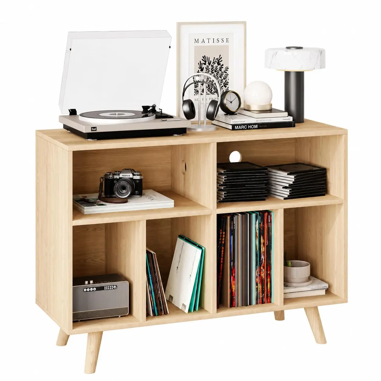 GARVEE Large Record Player Stand, Wood Vinyl Record Storage Compact Record Player Cabinet Cube Storage Organizer Up to 350 Albums with Charging Station for Living Room Bedroom, Natural