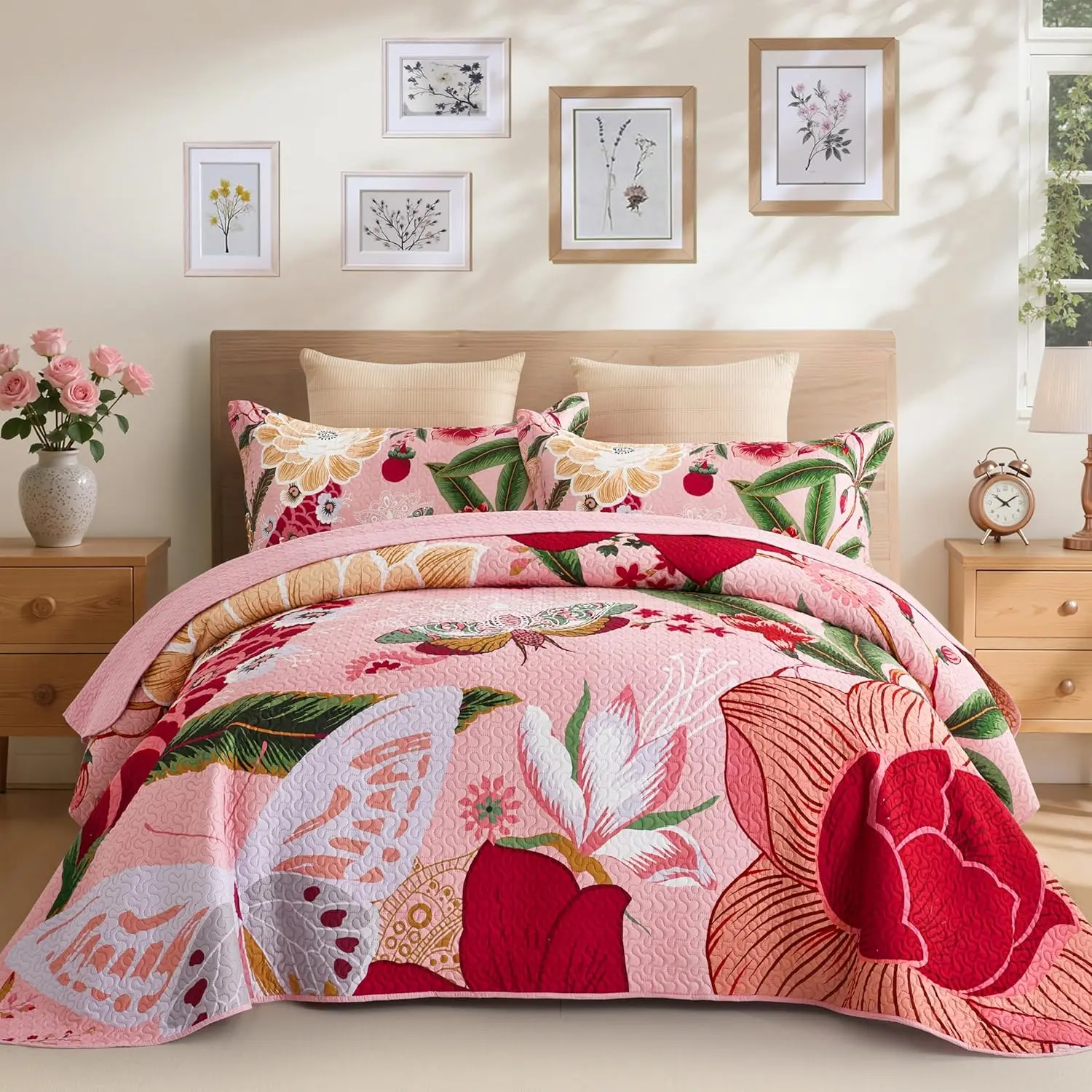 3-Piece Pink Boho Floral Full/Queen Bedding Set - Farmhouse Botanical Reversible Lightweight Microfiber Bedspread (90''x96'') with 2 Shams, Butterfly Design, All-Season Use
