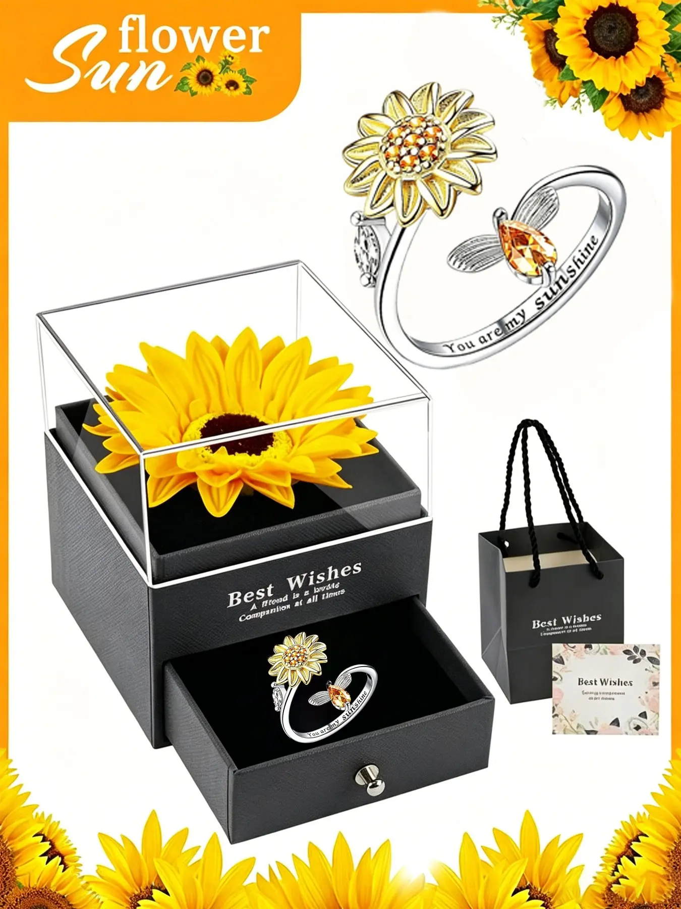 Women's Sunflower Fidget Ring, Rotatable, Mirror Polish, Anxiety Relief, Hope, Calm, Positive Energy, Gift for Girlfriend, Wife
