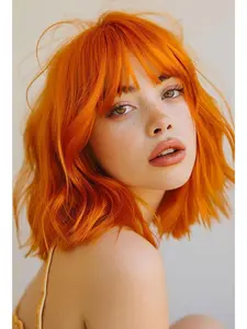 Orange Wig with Bangs, 14 Inch Orange Bob Wig with Bangs for Women, Shoulder Length Ginger Short Wigs, Synthetic Ginger Hair Wigs for Daily Party Cosplay Costume Halloween