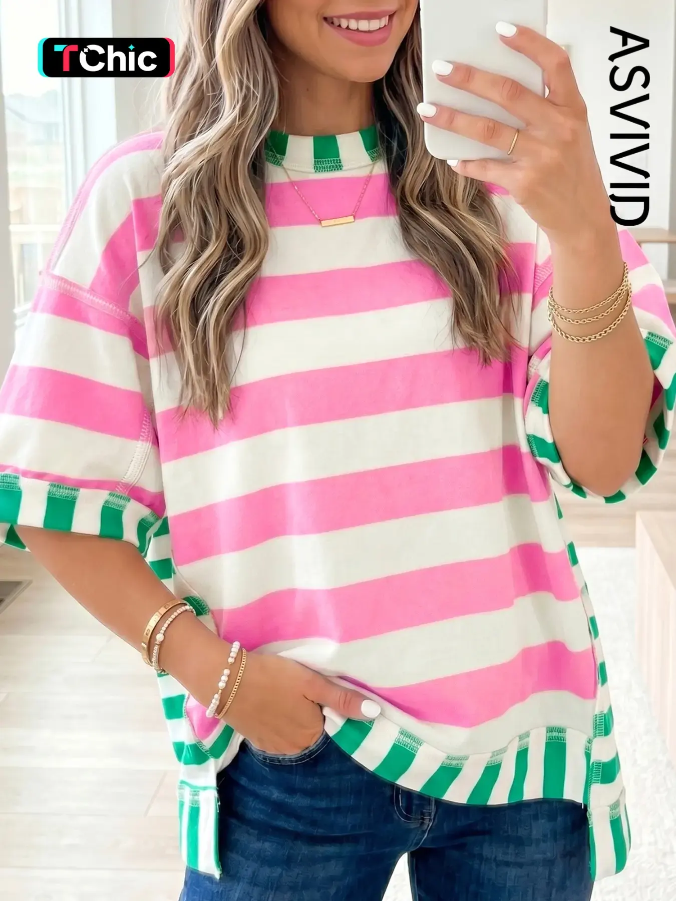 Women's Casual Style Striped Exposed Seam Contrast Patchwork Loose Baggy Oversized Top, Short Sleeve Summer Blouse, Colorblock Patchwork Design