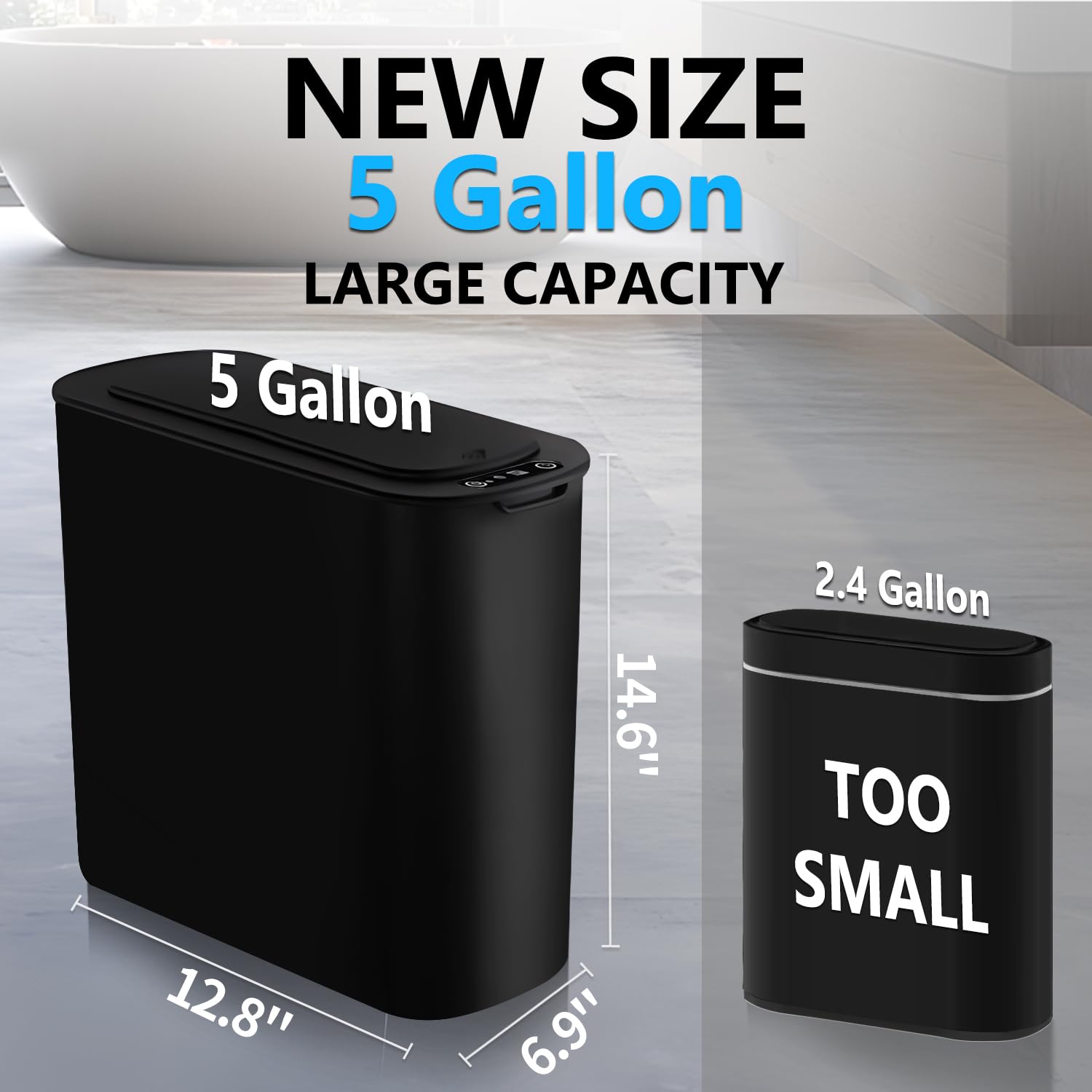 5 Gallon Motion Senor Bathroom Trash Can with Lid, Automatic Garbage Can Touchless,  Plastic  Basket for Narrow Spaces, Bathroom, Office, Bedroom, Living Room (Black)