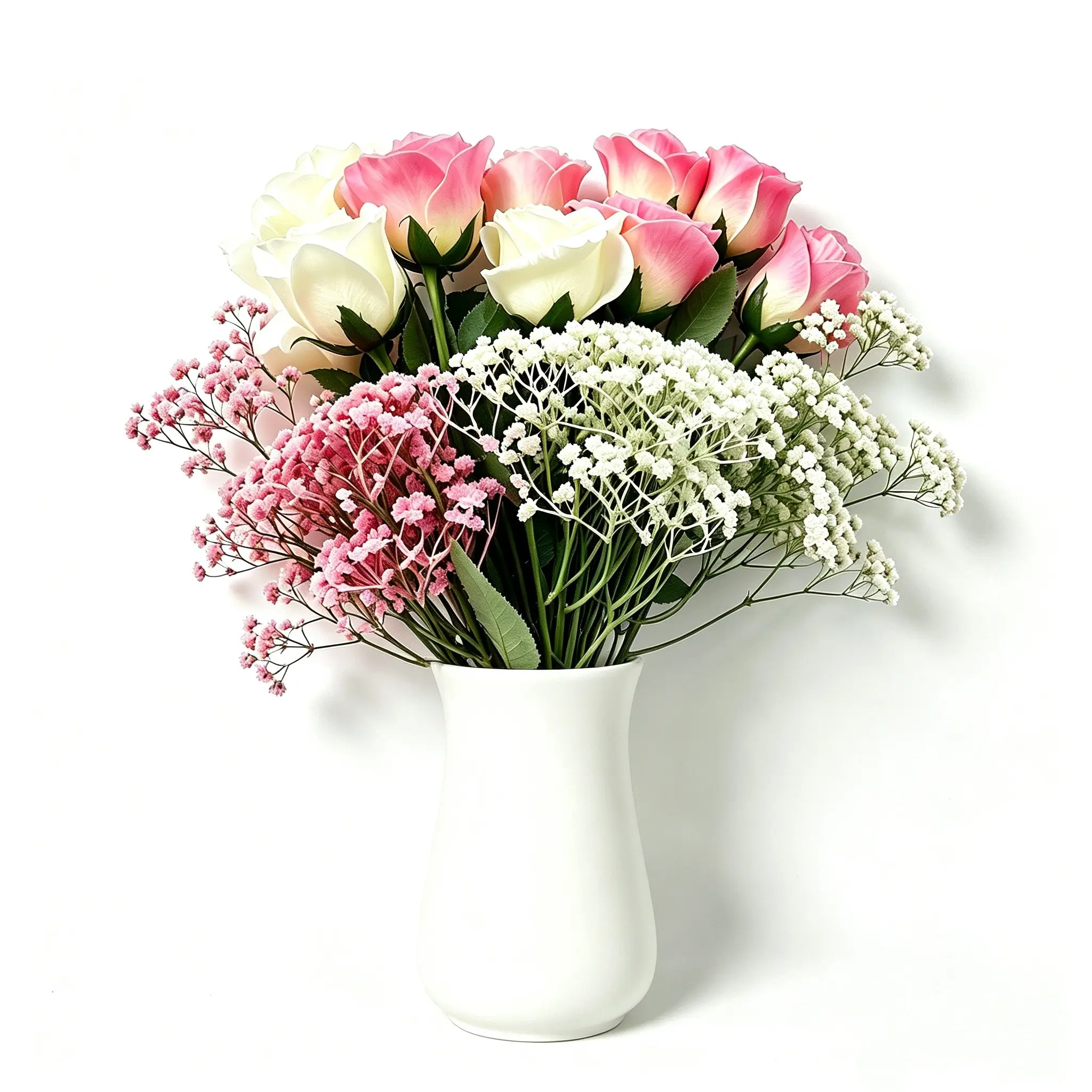 30Pcs Artificial Flower Bouquet, Mixed Flowers, 5 Pink Roses +5 White Roses +10 Pink Gypsophila +10 White Gypsophila, Weather Resistant Plastic Flowers, DIY Floral Arrangement, Bridal Hand Bouquet, Valentine Party Event Home Art Decor, No Vase Required