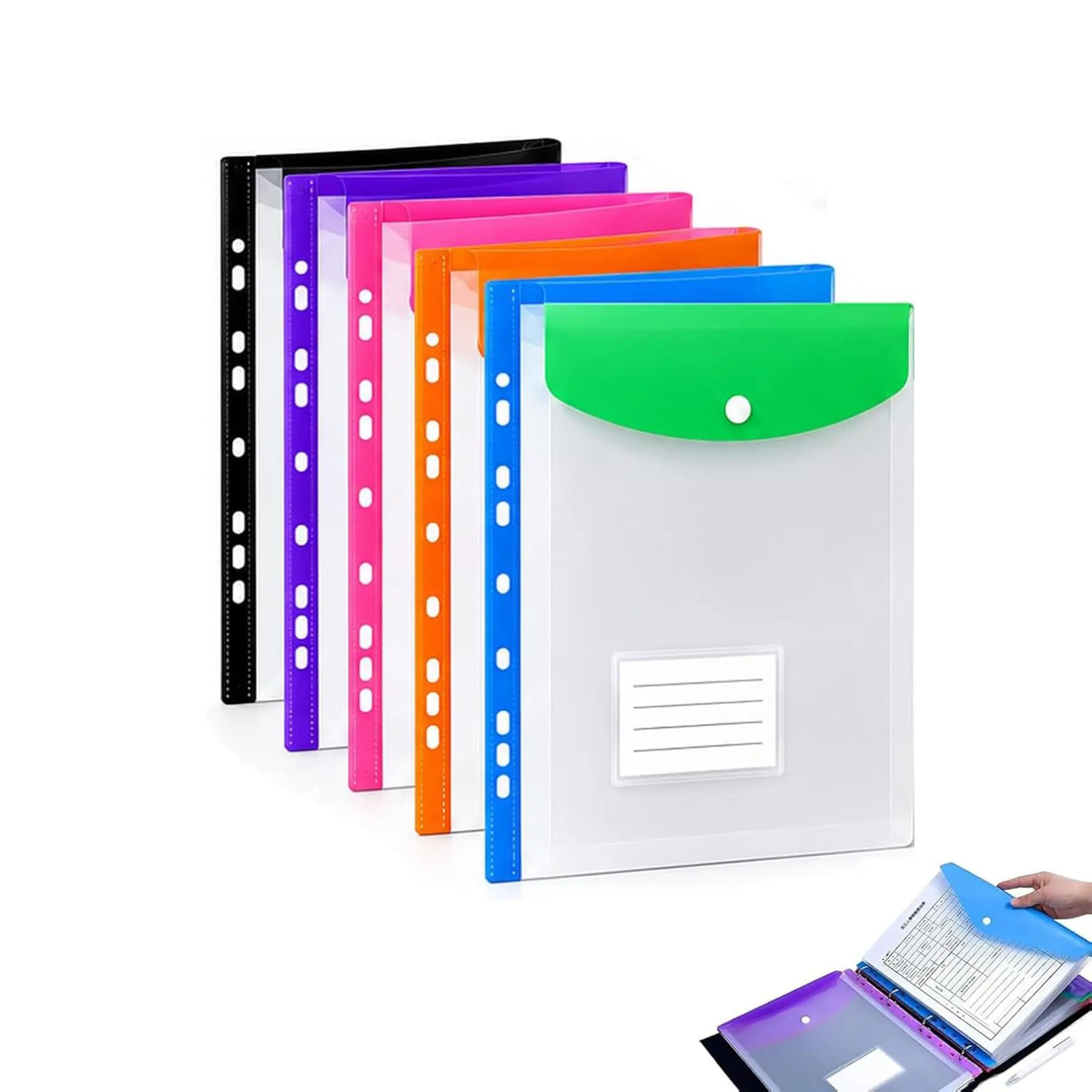 11 Hole Expanding File Pockets, 3 Ring Binder Pouches with Expandable Gusset, Reusable PP Document Sleeves for Home Office School (6 Portrait)
