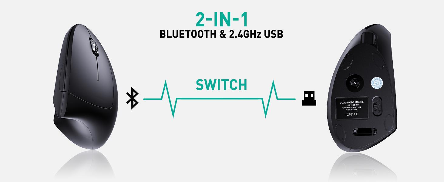 Bluetooth and 2.4G (2-in-1) Rechargeable Wireless Mouse, Ergonomic Vertical Design, 1000/1200/1600 DPI, 6 Silent Buttons, for Laptop, Computer, PC, MacBook, Chromebook-Black