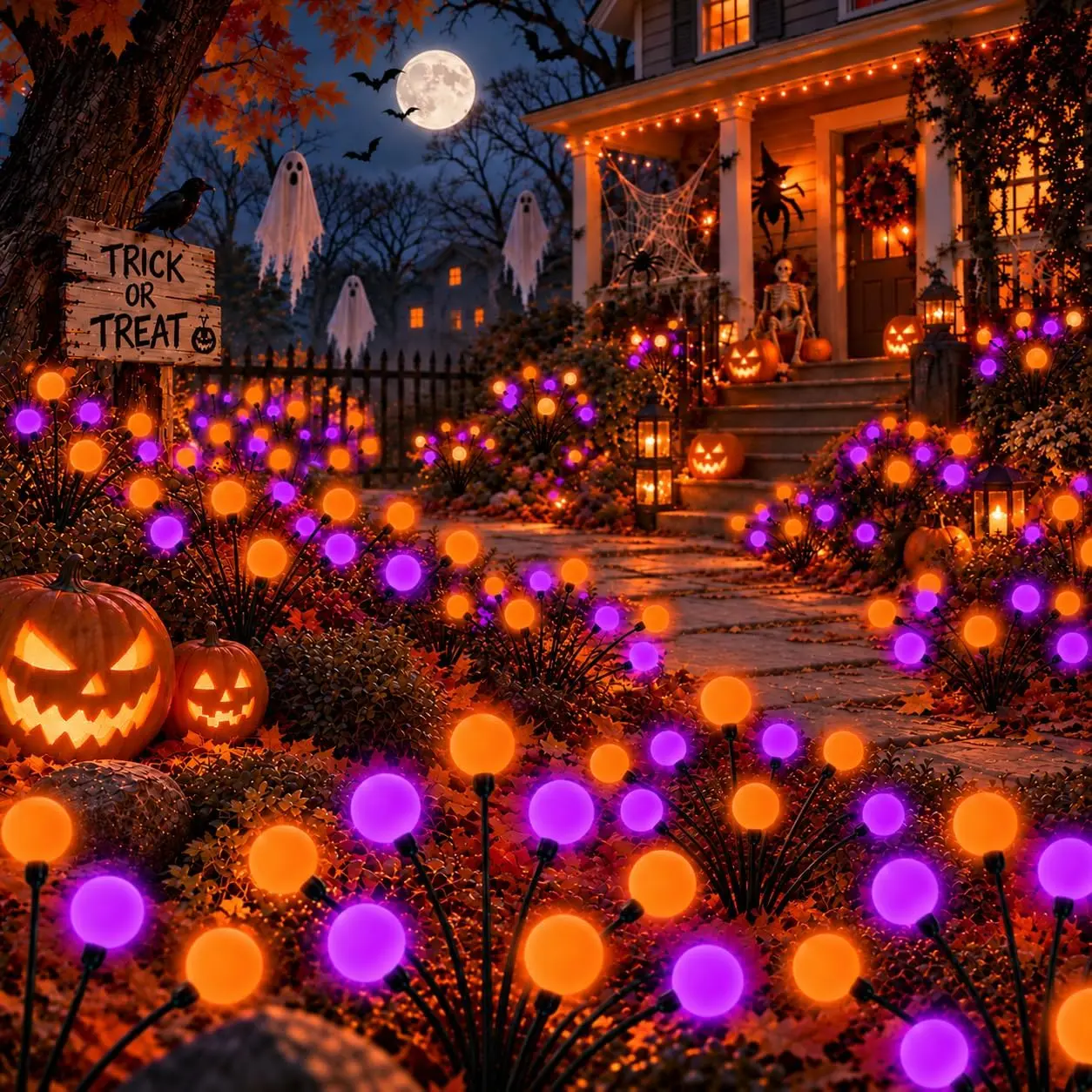6 Pack Orange Purple Halloween Decorations Outdoor Solar Firefly Lights