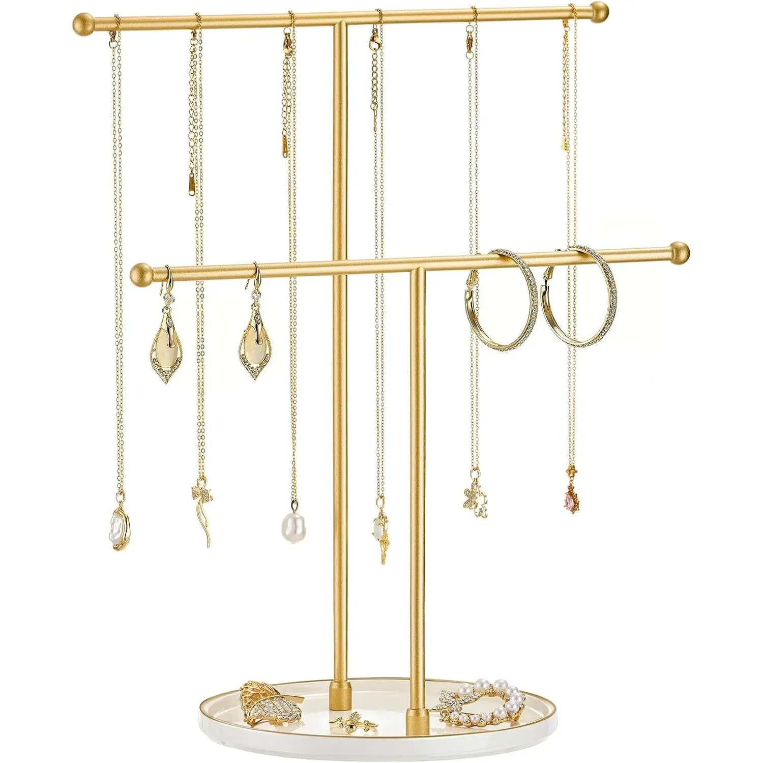 Necklace Stand with Ceramic Base - 12"  storage organizer for Necklaces, Bracelets, Rings, Earrings for girl & women |  Bar White Base