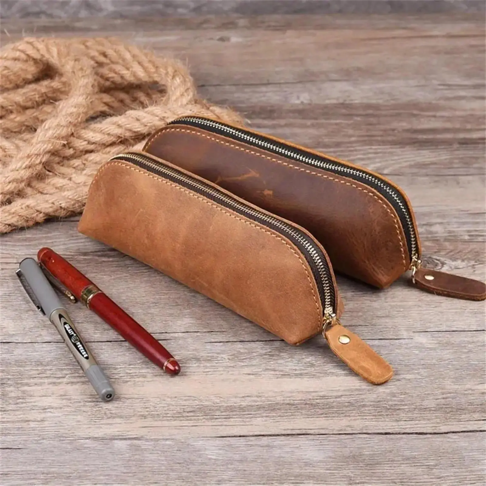 Vintage Crazy Horse Leather Pencil Case Pouch, Handmade Pen Organizer with Zipper, Premium Leather Stationery Bag for Men & Women, Durable Pen Holder for School, Office & Everyday Carry summerwins