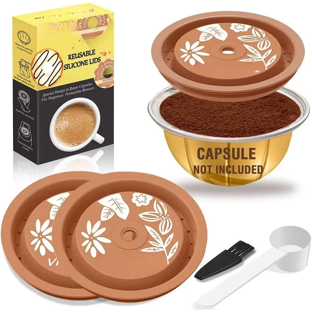 Coffee Capsule  Work with  Pods Vertuoline, Grade Silicon Caps  for Every Sizes of   Refillable Capsule(Silicon Vertuoline - 3 count)