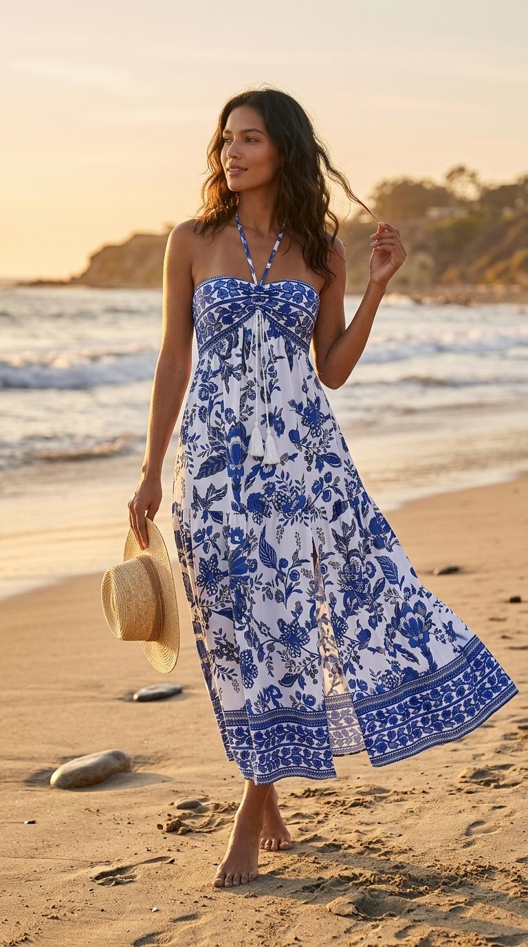Women's Summer Blue and White Floral Dress Boho Backless Maxi Sundress Spaghetti Strap Flowy Dress Resort-style Summer Fashion Slit Sexy Printed Tie-neck Strapless Dress
