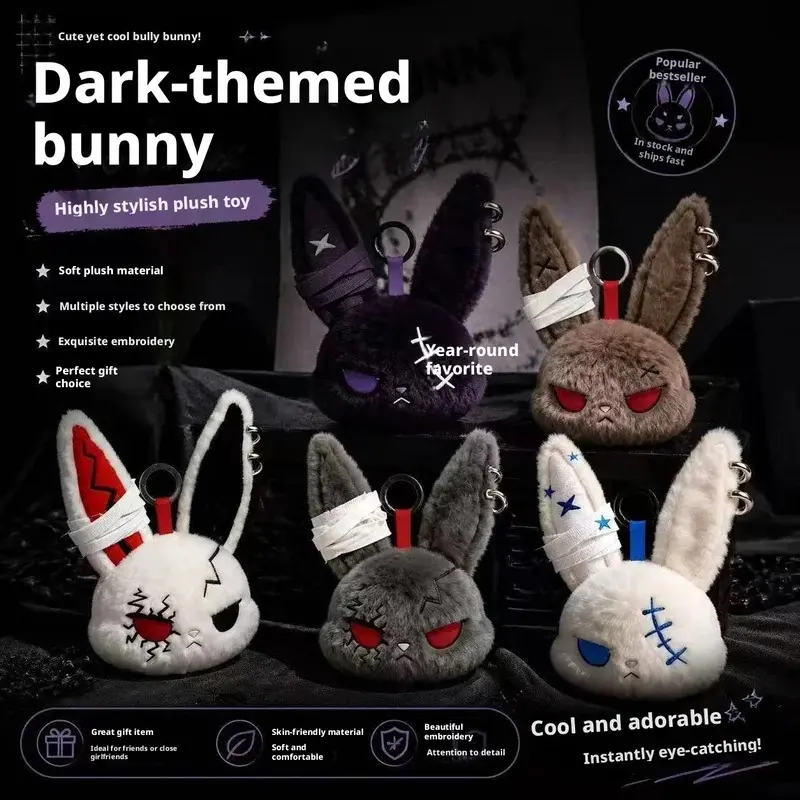 Gothic Bunny Plush Keychain RabbitBag Charm with Bandage Desian Kawaii Key Ring Pendant Car Bag Ornament Halloween gifts
