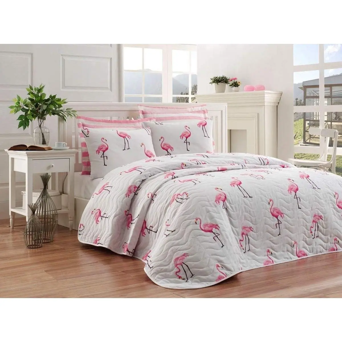Flamingo Birds Themed Full/Queen Size Bedspread Coverlet Set, Girls Bedding 3 Pieces Pink