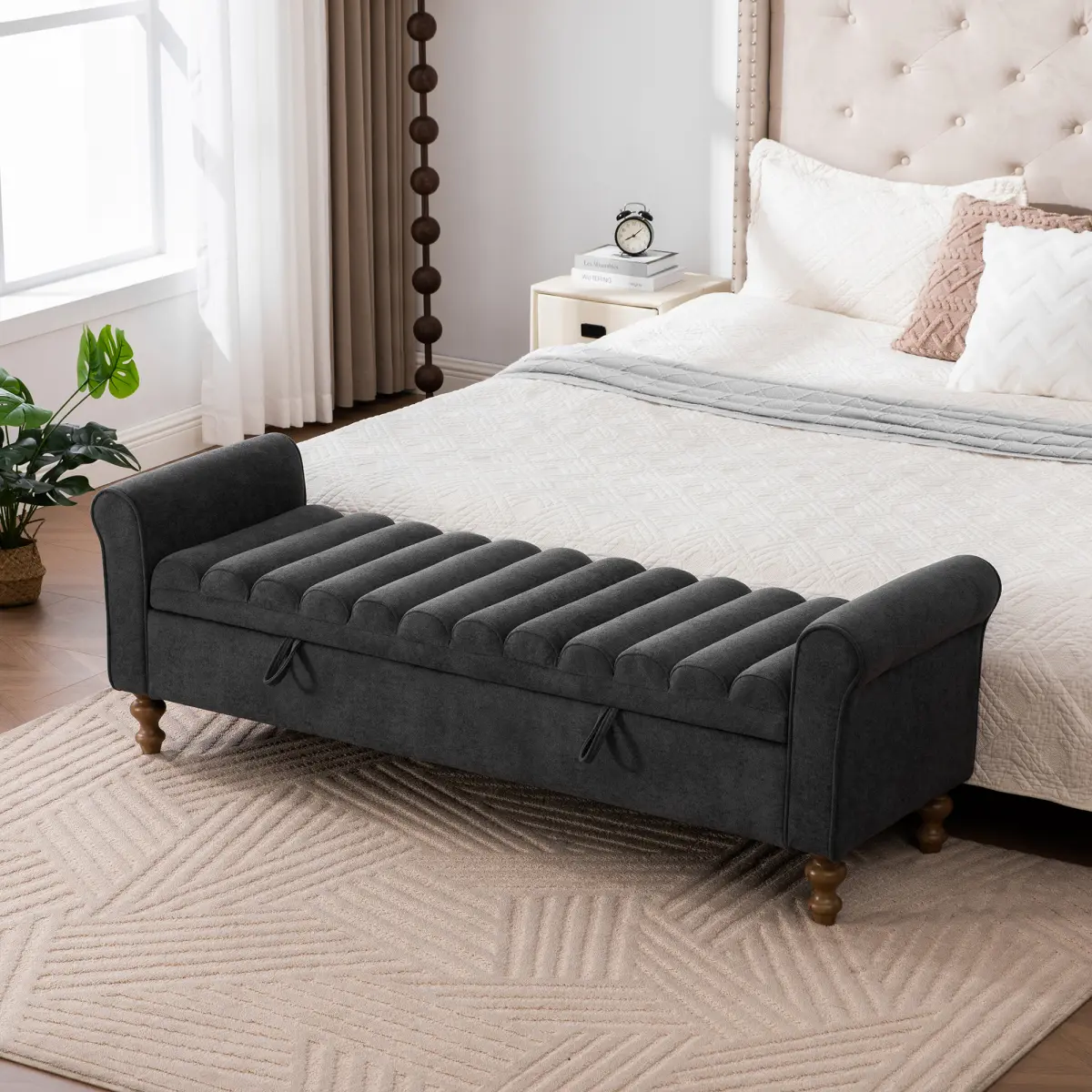65.55" Wide Modern Upholstered  Storage Bench , Napped fabric Bed End Foot Stool With Rolled Armrest, Bench Daybed With Rubberwood Legs For Living Room, Entryway, Dormitory, Bedroom,Charcoal